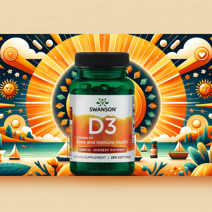 Header image for Swanson Vitamin D-3 5000 IU blog post, featuring a bottle of the supplement surrounded by symbols of the sun, healthy bones, and a strong immune system, set against a sunny and vibrant background, emphasizing health and natural wellness.