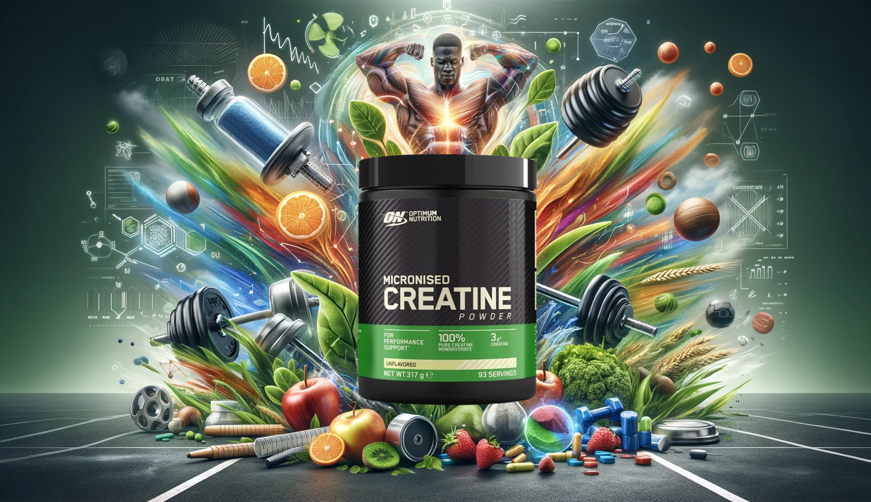 Header image for Optimum Nutrition Creatine blog, featuring the supplement with gym gear and healthy foods on a vibrant, health-themed background, emphasizing fitness and holistic wellness.