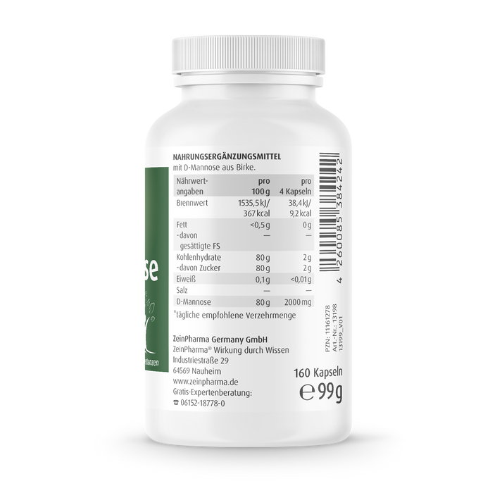 Zein Pharma Natürliche D-Mannose, 500 mg – 160 Kapseln