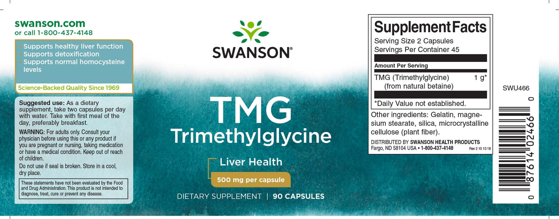 Swanson TMG (Trimethylglycin), 500 mg – 90 Kapseln