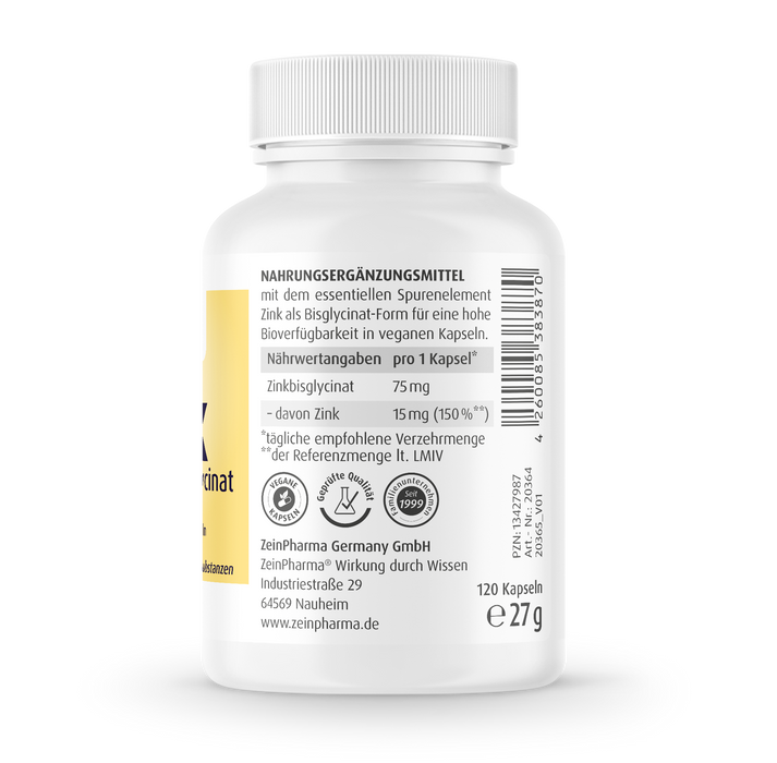 Zein Pharma Zinkglycinat, 15 mg – 120 Kapseln