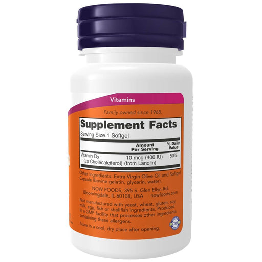 NOW Foods Vitamin D-3 400 IU 180 Softgels | Premium Supplements at MYSUPPLEMENTSHOP