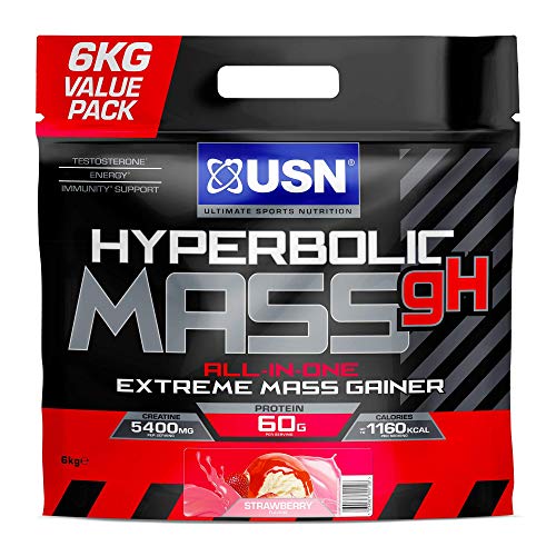 USN Hyperbolic Mass Strawberry 6kg: High Calorie Mass Gainer Protein Powder for Fast Muscle Mass and Weight Gain With Added Creatine and Vitamins | High-Quality Protein Blends | MySupplementShop.co.uk