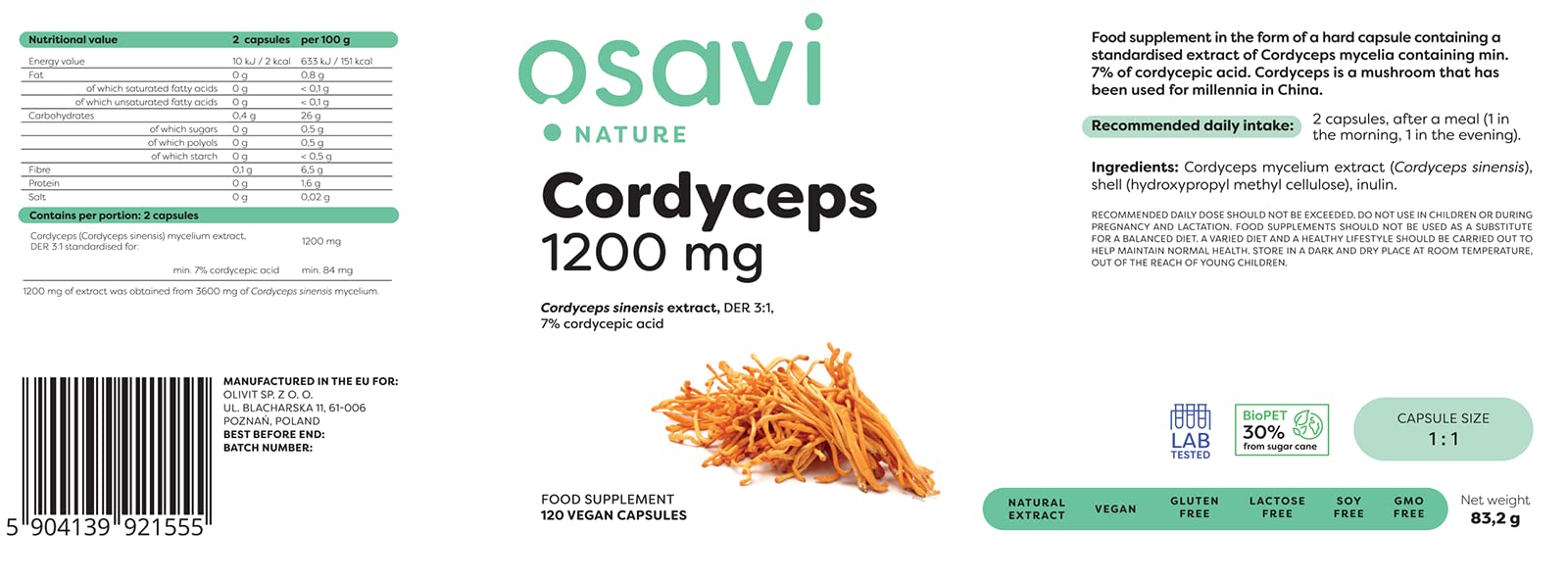 Osavi Cordyceps, 1200mg - 120 vegan caps | High-Quality Mushrooms | MySupplementShop.co.uk