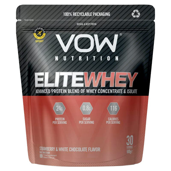 VOW Nutrition Elite Whey Protein 900g Whey Isolate Whey Concentrate 30 Servings Premium Whey Protein with Naturally Occurring BCAAs Informed Sports Approved (Strawberry & White Chocolate) | High-Quality Whey Proteins | MySupplementShop.co.uk