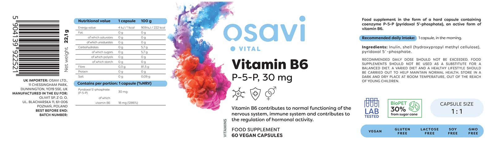 Osavi Vitamin B6 - P-5-P, 30 mg - 60 vegan caps - Vitamin B6 at MySupplementShop by Osavi