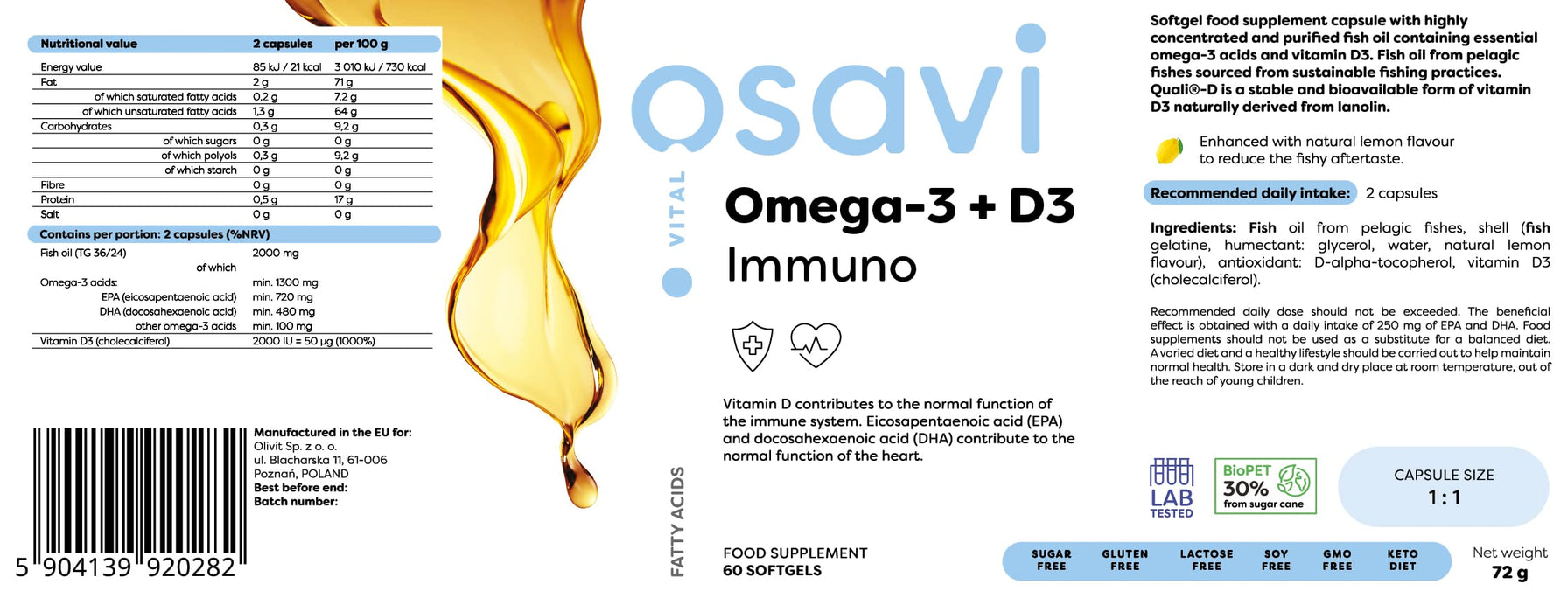 Osavi Omega-3 + D3 Immuno, Lemon - 60 softgels | High-Quality Omega-3 | MySupplementShop.co.uk