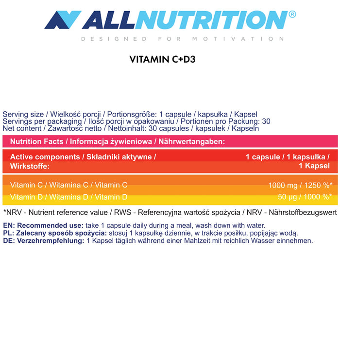 Allnutrition Vitamin C 1000 + D3 - 30 caps | High-Quality Combination Multivitamins & Minerals | MySupplementShop.co.uk
