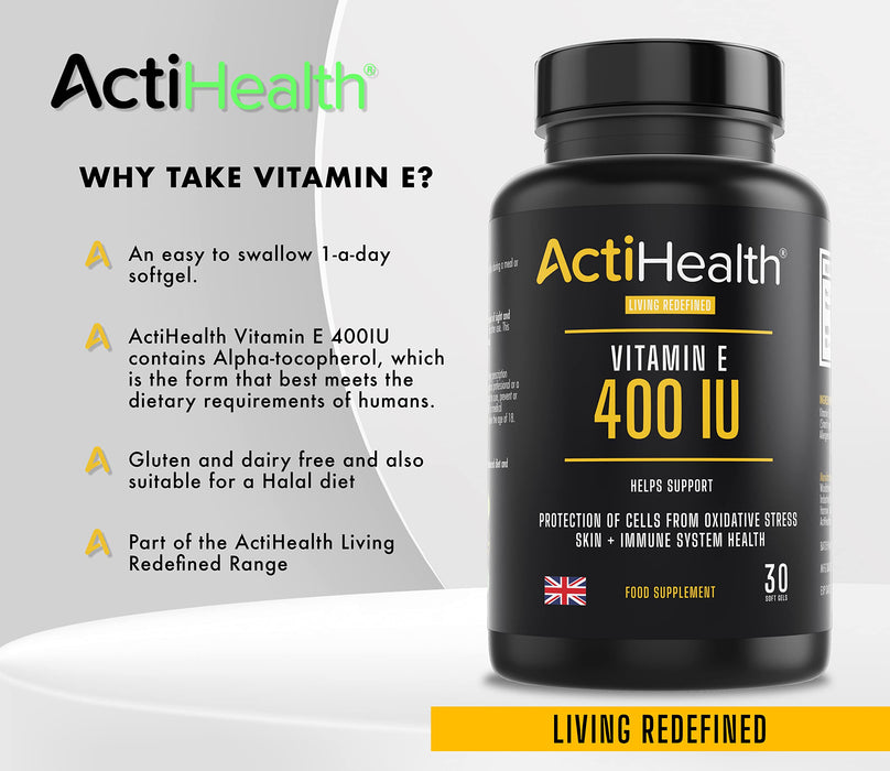 ActiHealth Vitamin E, 400IU - 30 softgels | High-Quality Health and Wellbeing | MySupplementShop.co.uk