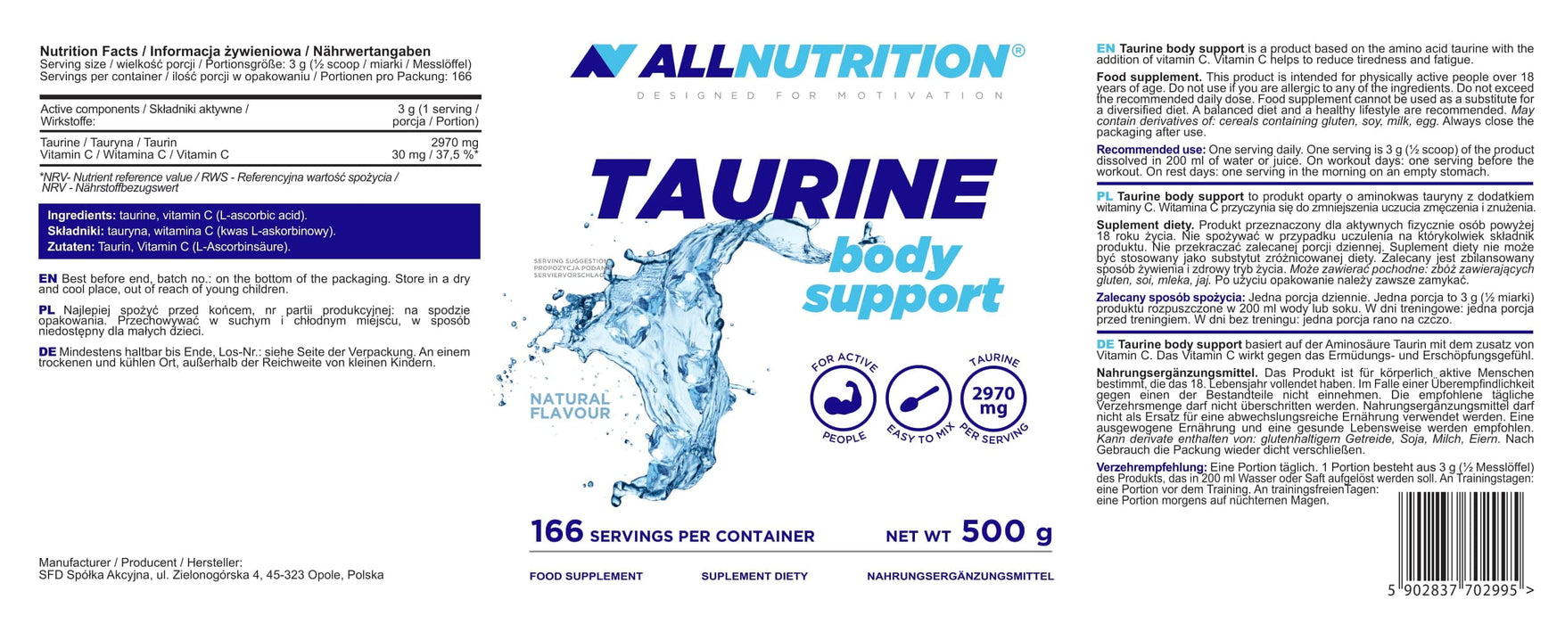 Allnutrition Taurine Body Support, 2970mg - 500g | High-Quality Taurine | MySupplementShop.co.uk