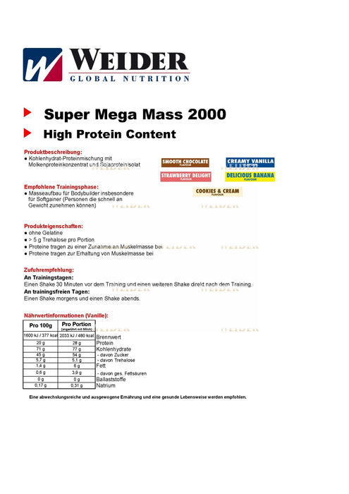 Weider Mega Mass 2000, Strawberry Delight - 3000 grams | High-Quality Weight Gainers & Carbs | MySupplementShop.co.uk