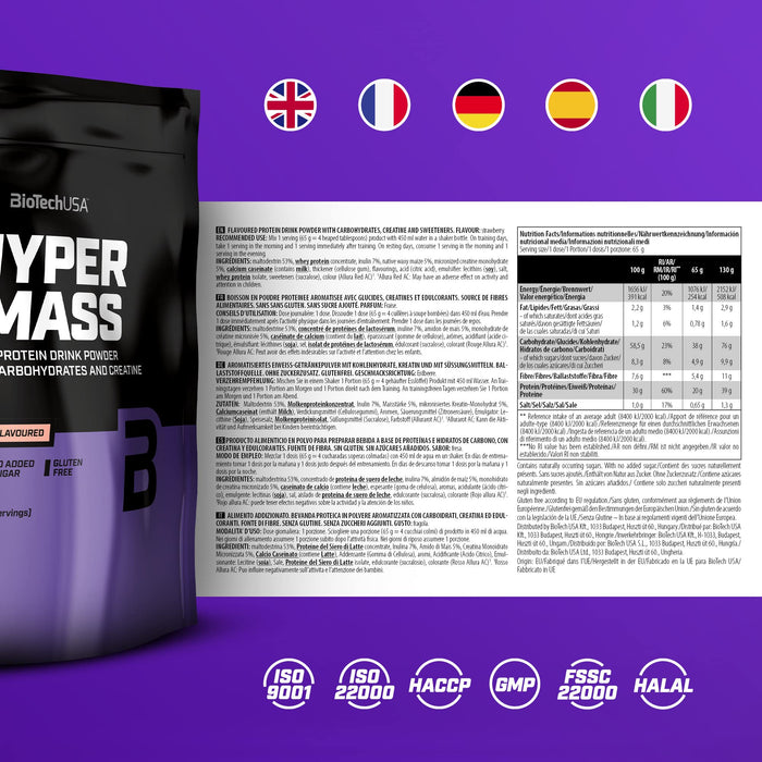 BioTechUSA Hyper Mass, Strawberry - 1000 grams | High-Quality Weight Gainers & Carbs | MySupplementShop.co.uk