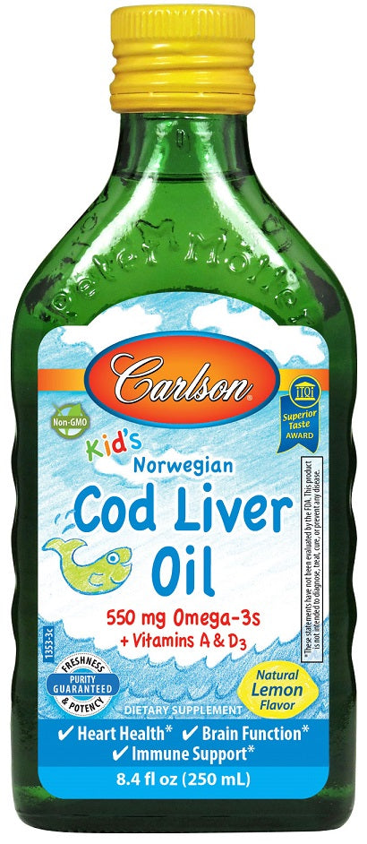 Carlson Labs Kid's Cod Liver Oil, 550mg Natural Lemon - 250 ml. | High-Quality Fish Oils | MySupplementShop.co.uk