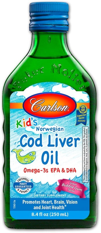 Carlson Labs Kid's Cod Liver Oil, 550mg Bubble Gum - 250 ml. | High-Quality Health and Wellbeing | MySupplementShop.co.uk