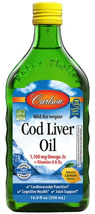 Carlson Labs Wild Norwegian Cod Liver Oil, 1100mg Natural Lemon - 500 ml. | High-Quality Omegas, EFAs, CLA, Oils | MySupplementShop.co.uk